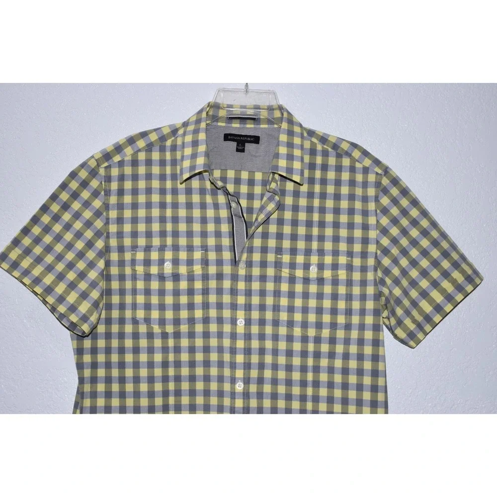 Banana Republic Shirt Mens Large Yellow/Gray Plaid Casual Button Up Short Sleeve